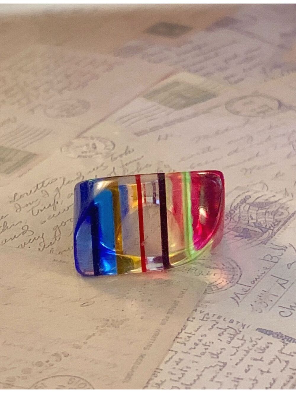 y2k Colorful Statement Ring with Bold Rainbow Stripes